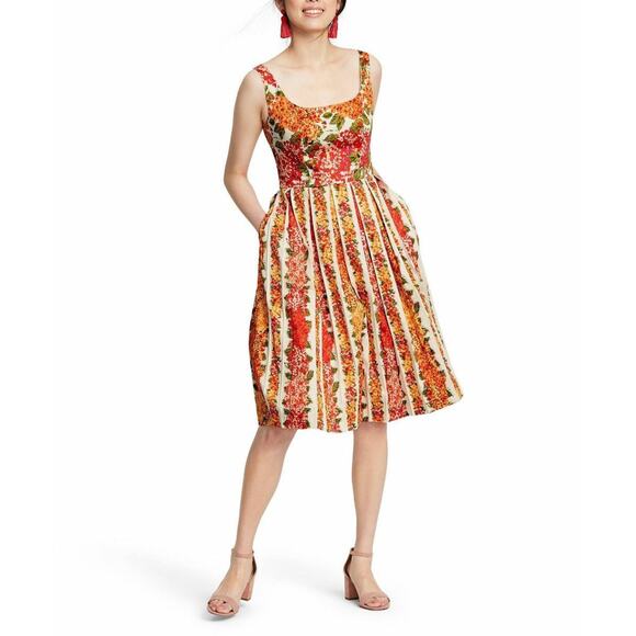 NWT Isaac Mizrahi Orange Red Pink Floral Pleated Dress Size 4 - Picture 10 of 11